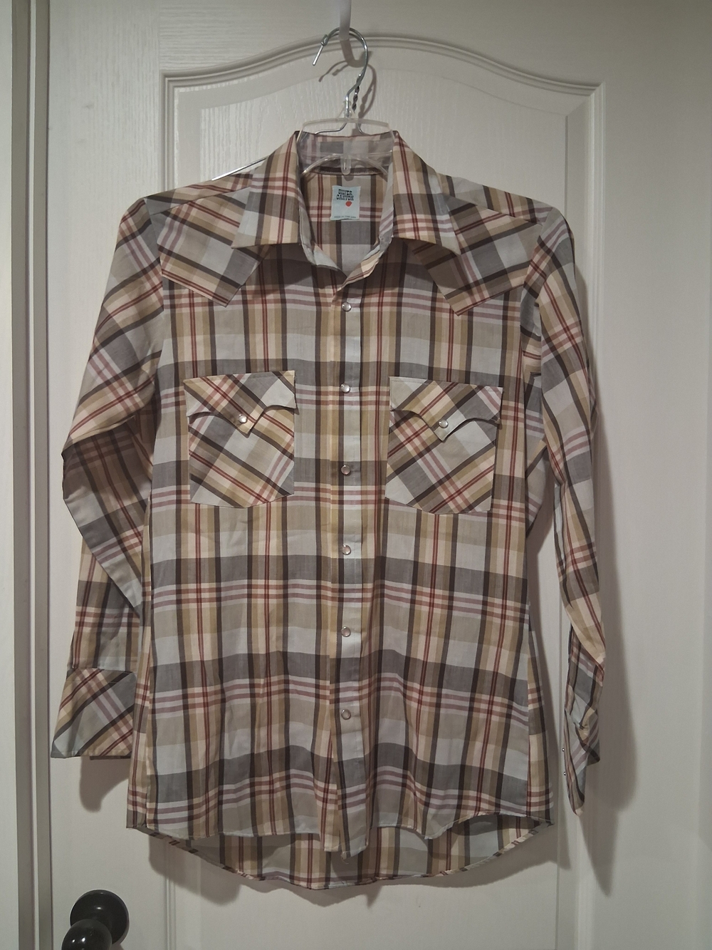 Silver Canyon Men M Woven Plaid Button-Up Shirt Long Sleeve Point Collar Pockets